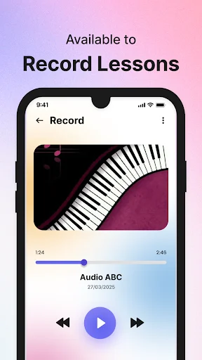Audio lesson recording interface with playback controls for learning piano recordings and practice sessions