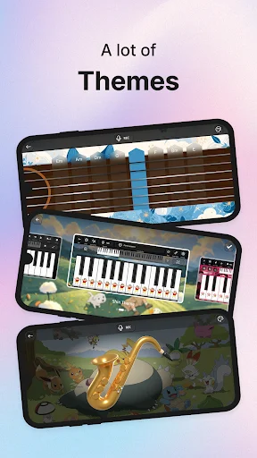 Piano app theme selection displaying multiple visual themes for keyboard styles and background designs
