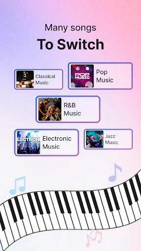 Music genre selection with Classical, Pop, R&B, Electronic, and Club music options for piano learning