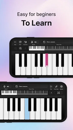 Beginner piano keyboard learning screen with color-highlighted keys for interactive piano training