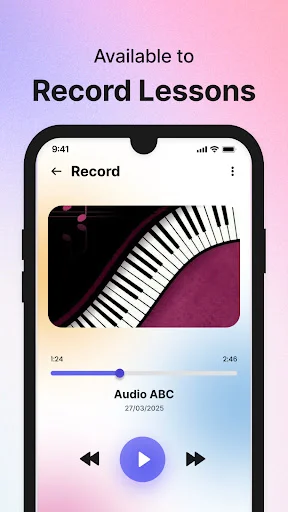 Piano lesson recording interface with audio playback controls, timeline slider, and recording features
