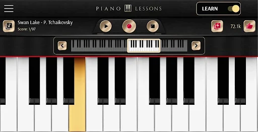 Piano Lessons app showing Swan Lake song with highlighted yellow key on interactive piano keyboard for music learning