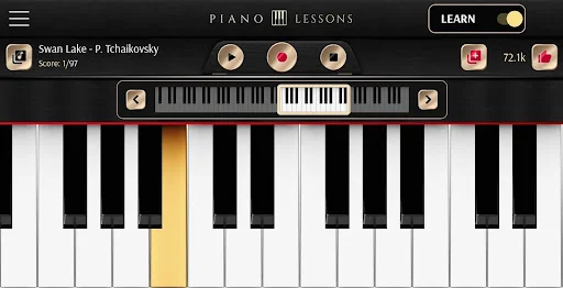 Piano Lessons app interface with Swan Lake tutorial, yellow highlighted piano key, and playback controls for learning