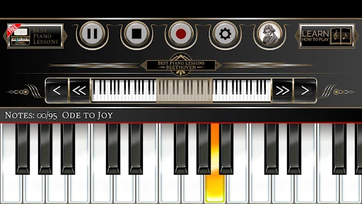 Piano Lessons Beethoven app piano keyboard interface showing Ode to Joy lesson with highlighted yellow keys for learning