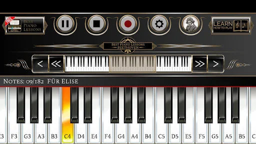 Piano keyboard tutorial for Beethoven's Fur Elise with orange highlighted keys and interactive learning interface display