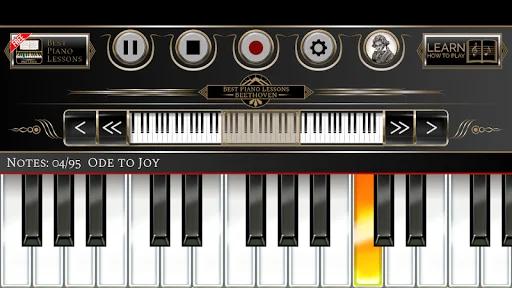 Piano Lessons Beethoven app showing Ode to Joy keyboard tutorial with highlighted keys for classical music learning