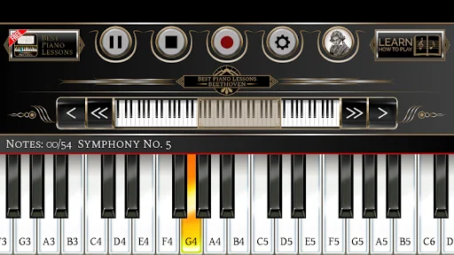 Beethoven Piano app keyboard displaying Symphony No. 5 lesson with yellow highlighted keys for interactive piano learning
