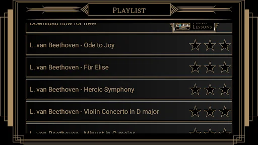 Beethoven Piano Lessons playlist screen displaying classical compositions including Ode to Joy, Fur Elise, and Heroic Symphony