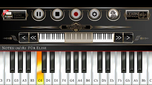 Piano keyboard interface in Beethoven app showing Fur Elise lesson with orange highlighted keys and note guidance display