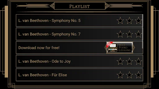Piano lesson playlist featuring Beethoven symphonies and classical pieces with star ratings and download options available
