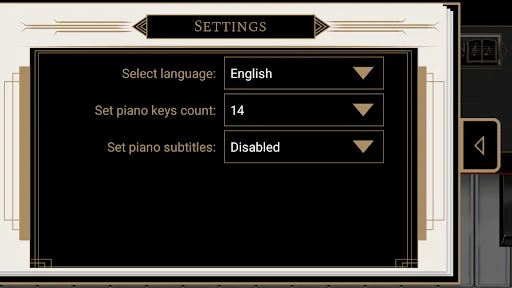 Piano app settings menu with language selection, piano key count options, and subtitle preferences for customization