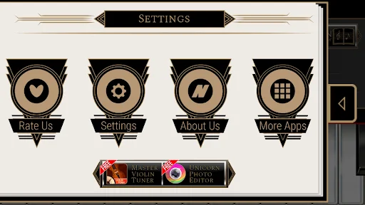 Settings screen showing Rate Us, Settings, About Us, and More Apps options with additional piano learning app promotions