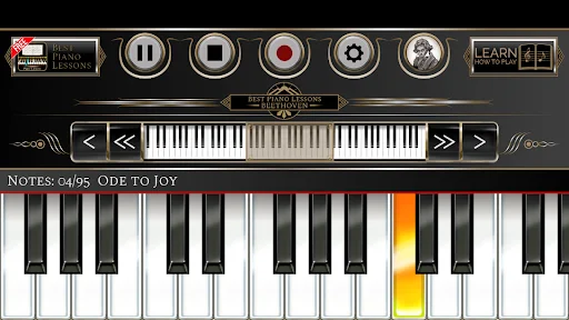 Piano Lessons Beethoven keyboard interface displaying Ode to Joy tutorial with yellow highlighted keys for note guidance