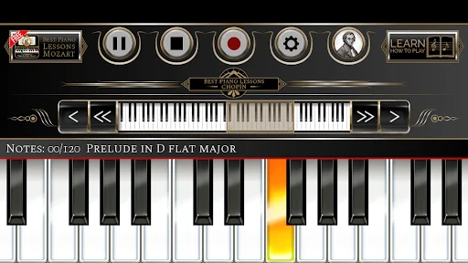 Piano Lessons Chopin app showing virtual piano keyboard with Prelude in D Flat Major lesson and orange highlighted key