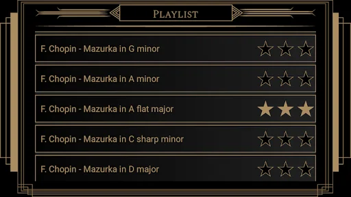Chopin Mazurka playlist in piano learning app showing five classical pieces with three-star difficulty ratings