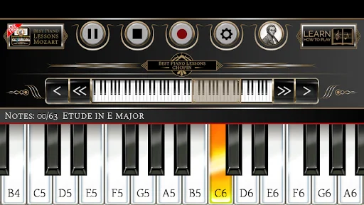 Piano learning app keyboard showing Etude in E Major with highlighted C6 key for Chopin piano lessons