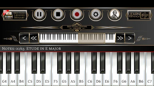 Virtual piano keyboard in Chopin lessons app with highlighted C6 key during Etude in E Major practice session
