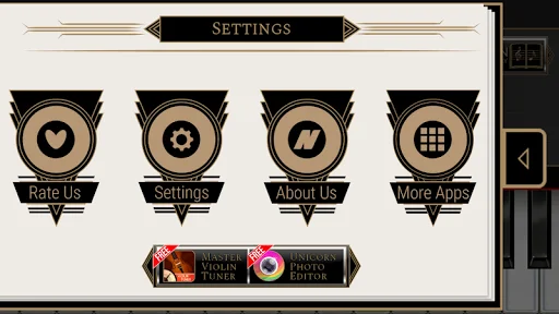 Piano Lessons Chopin app settings page with four circular menu options and additional app recommendations