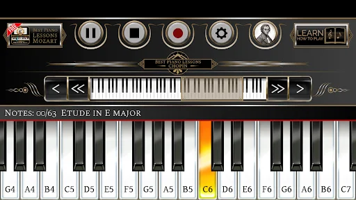 Chopin piano learning app displaying Etude in E Major with virtual keyboard and note labels for piano practice