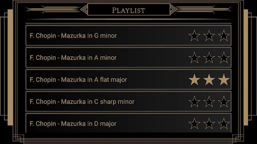 Piano Lessons Chopin playlist screen showing five Mazurka compositions by F. Chopin with star ratings for difficulty