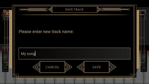 Save track dialog in Piano Lessons Chopin app with text input field and cancel/save buttons for custom recordings