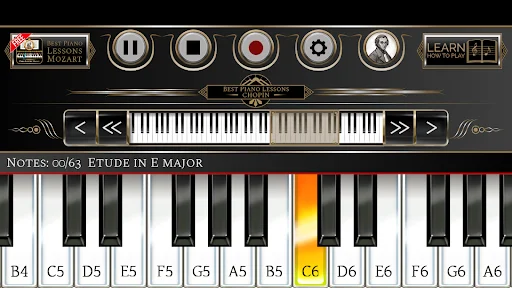 Piano keyboard interface highlighting C6 key during Etude in E Major lesson in Chopin piano learning app