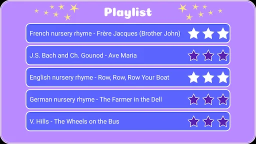 Piano Lessons Kids playlist menu showing nursery rhymes including Frère Jacques, Ave Maria, Row Your Boat with star ratings