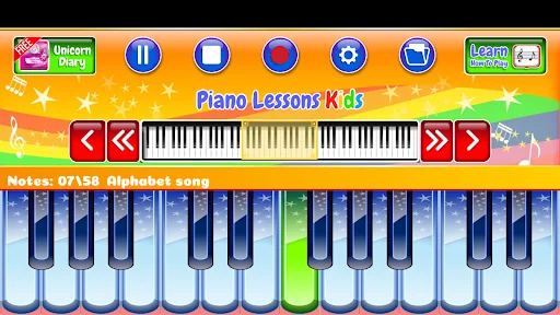 Piano Lessons Kids app showing Alphabet song lesson with virtual keyboard and highlighted notes for children's music education