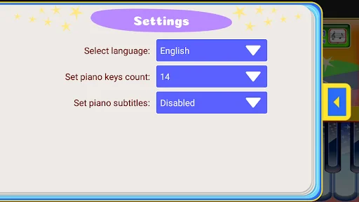 Settings menu in Piano Lessons Kids app with language selection, piano keys count, and subtitle options for customization