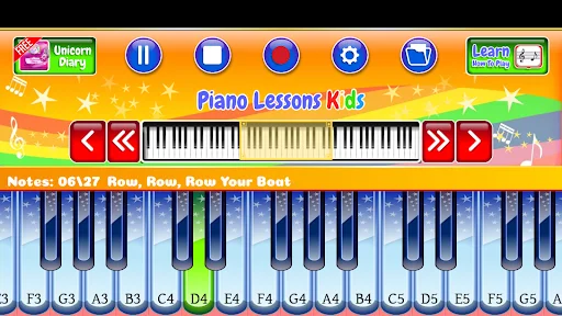 Piano keyboard interface for Row Your Boat lesson in Piano Lessons Kids with note labels and colorful keys for learning