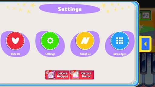 Piano Lessons Kids settings screen with Rate Us, About Us, More Apps buttons and Unicorn-branded educational app options