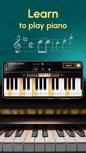 Piano Lessons Mozart app main screen featuring virtual piano keyboard with musical notes and Learn to play piano text