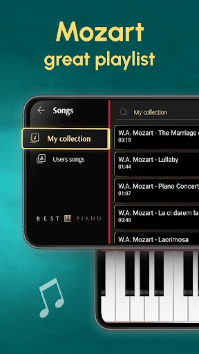 Mozart playlist screen in Piano Lessons app showing classical music collection with songs like The Marriage and Lullaby