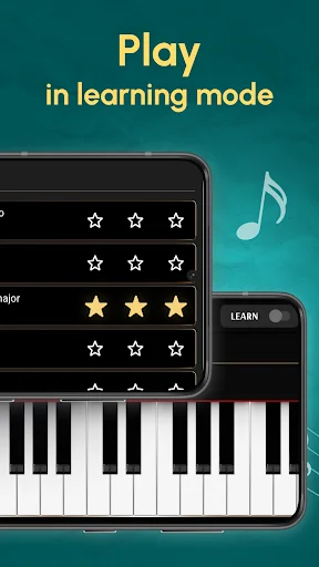 Learning mode interface with star rating system and virtual piano keys for interactive Mozart piano lessons
