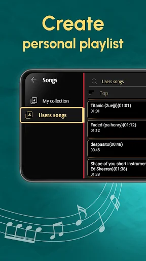 Create personal playlist feature showing song library with classical tracks like Titanic and Faded in piano app
