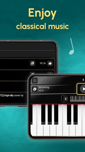 Classical music player interface with recording controls and virtual piano keyboard for Mozart music lessons