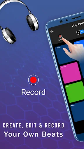 Real Electro Drum Pad app screenshot showing record button and colorful drum pads with headphones on blue background