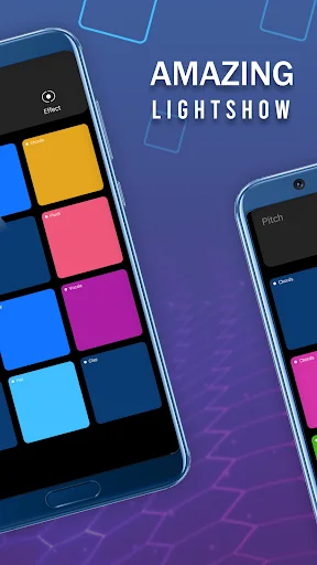 Hip hop drum simulator with colorful drum pad grid featuring amazing lightshow effects on smartphone screen