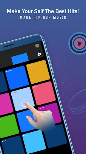 Music production app interface with finger tapping colorful drum pads to create hip hop beats and music
