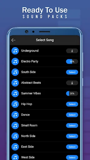 Sound pack selection screen showing Underground, Electro Party, Hip Hop and other music genres in drum app