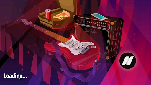Real Electric Guitar app loading screen with 3D electric guitar and amplifier equipment animation
