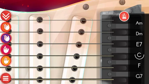 Electric guitar fretboard with color-coded strings and chord menu displaying Am, Dm, E7 chord options