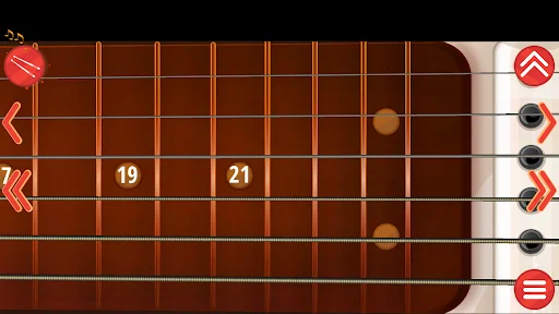 Guitar fretboard display with numbered frets 19 and 21, navigation controls and interactive elements