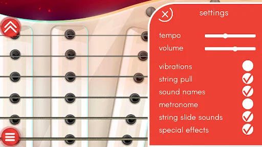 Settings menu with tempo and volume sliders, vibrations, metronome, string sounds and effects toggles