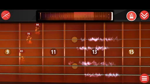 Interactive fretboard with audio waveform visualization showing fret positions, numbers and sound playback