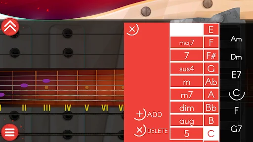 Chord selector popup menu with major and minor chord options and add/delete chord management controls