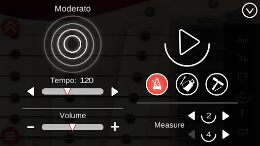 Metronome interface showing tempo 120 BPM, volume adjustment slider and beat measure counter