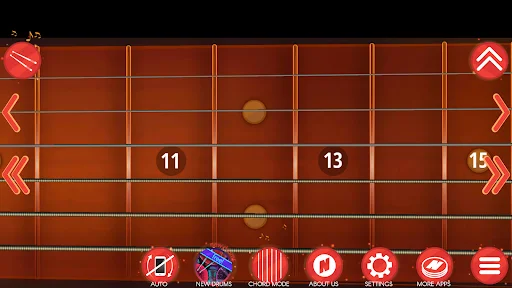 Guitar fretboard view with numbered frets and bottom toolbar containing app functions and preferences
