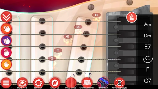 Fretboard interface with chord library, settings, acoustic mode, chorus, and audio effects options