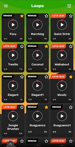 Drum Loops Reggae app library grid showing multiple reggae and Latin jazz drum loops with play buttons, BPM rates, time signatures, and star ratings for easy selection